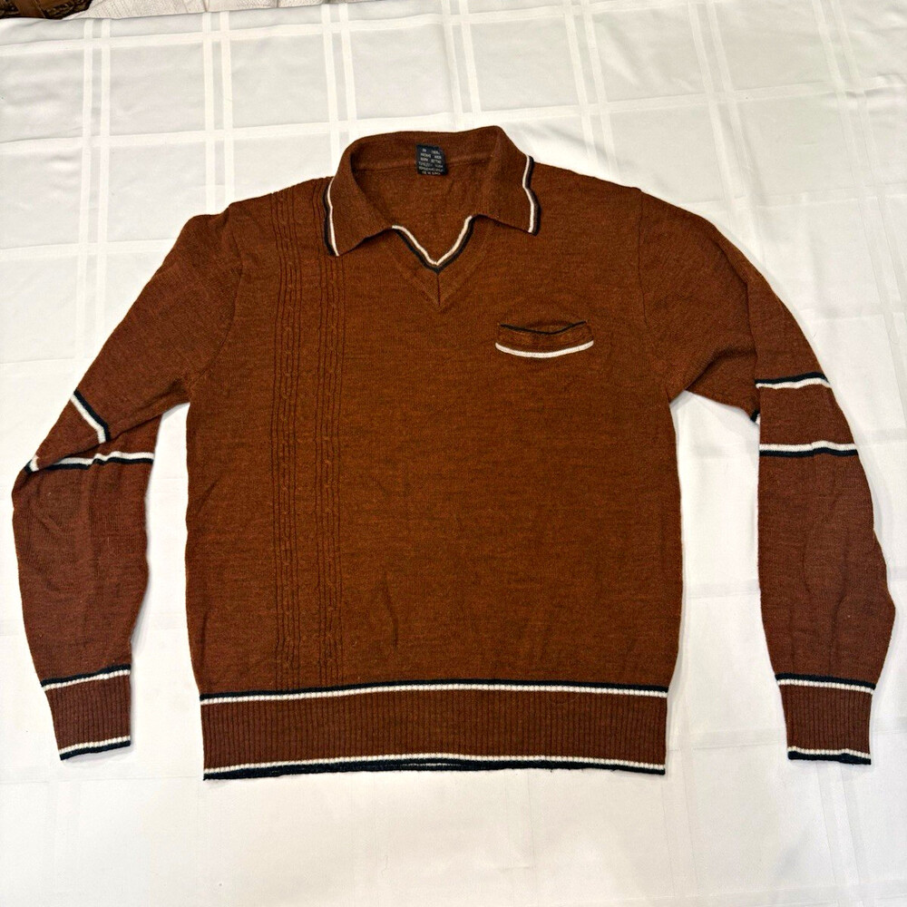 VTG 70s Vanderbilt Brown Tipped Knit Long Sleeve Polo Shirt Size M Small